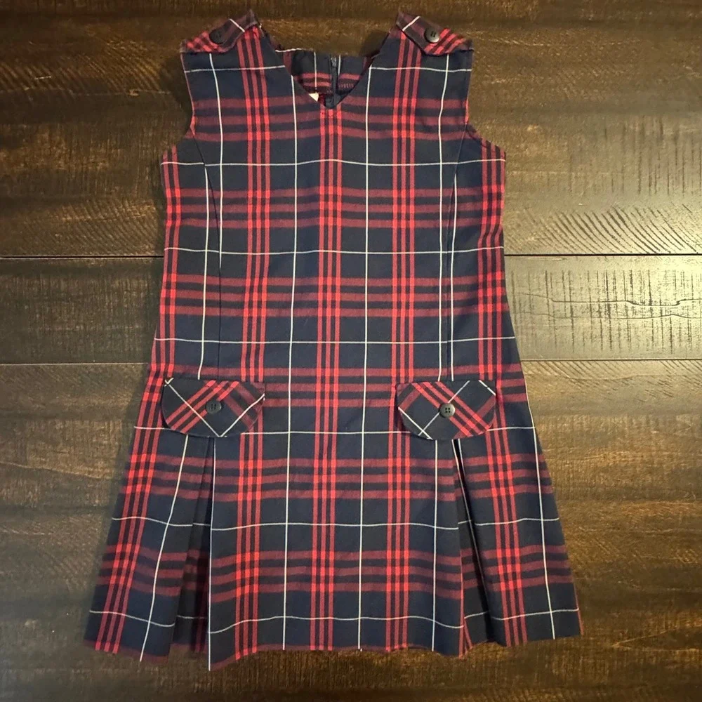 Dennis Uniform Plaid Pleated School Jumper Dress Navy Red 7 Girl Academic Preppy